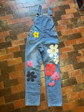 MISSLOOK size M denim overalls happy hippie flowers